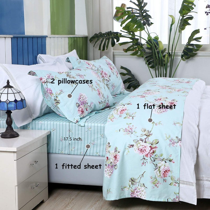 FADFAY Sheet Set Full Farmhouse Bedding Rose and Hydrangea 100% Cotton Blue Floral Deep Pocket Fitted Sheet 4-Pieces Full - Image 3